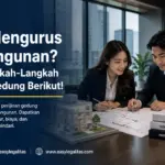 Ilustrasi langkah-langkah perijinan gedung dengan tim profesional yang membahas proses pengurusan izin bangunan di kantor modern